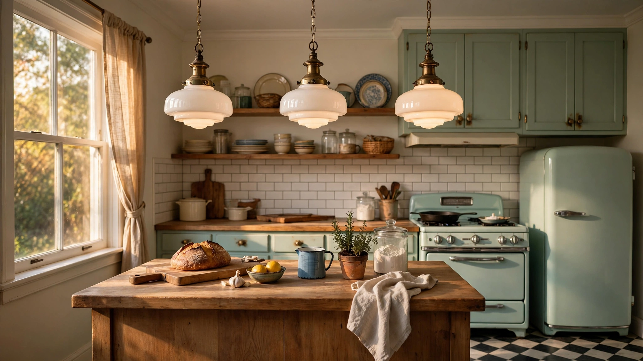 Vintage inspired schoolhouse pendant lights in a retro kitchen