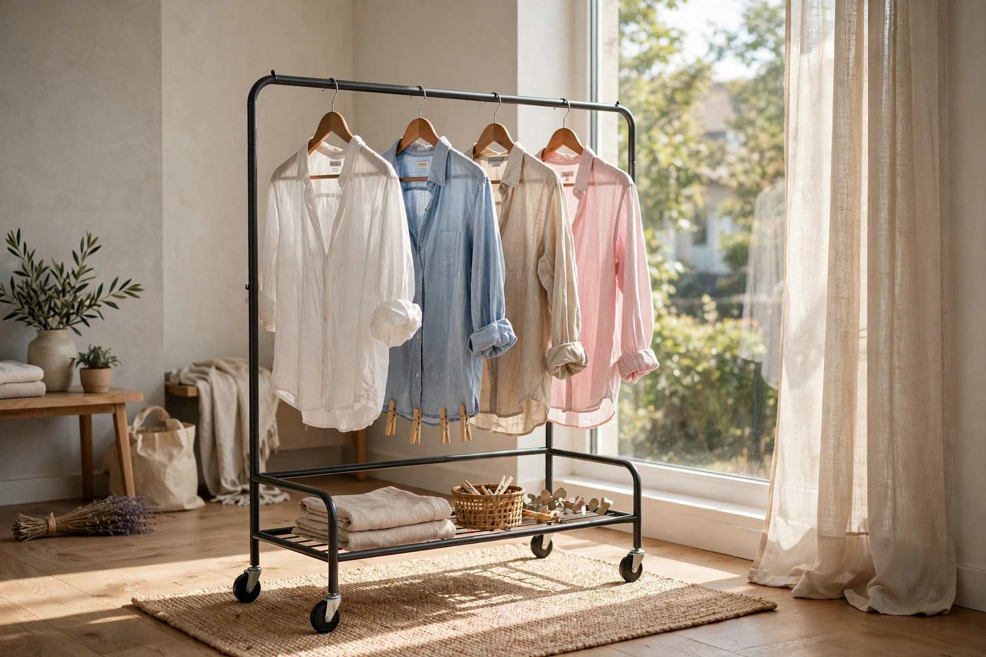 Rolling garment rack with shirts drying near a sunny window
