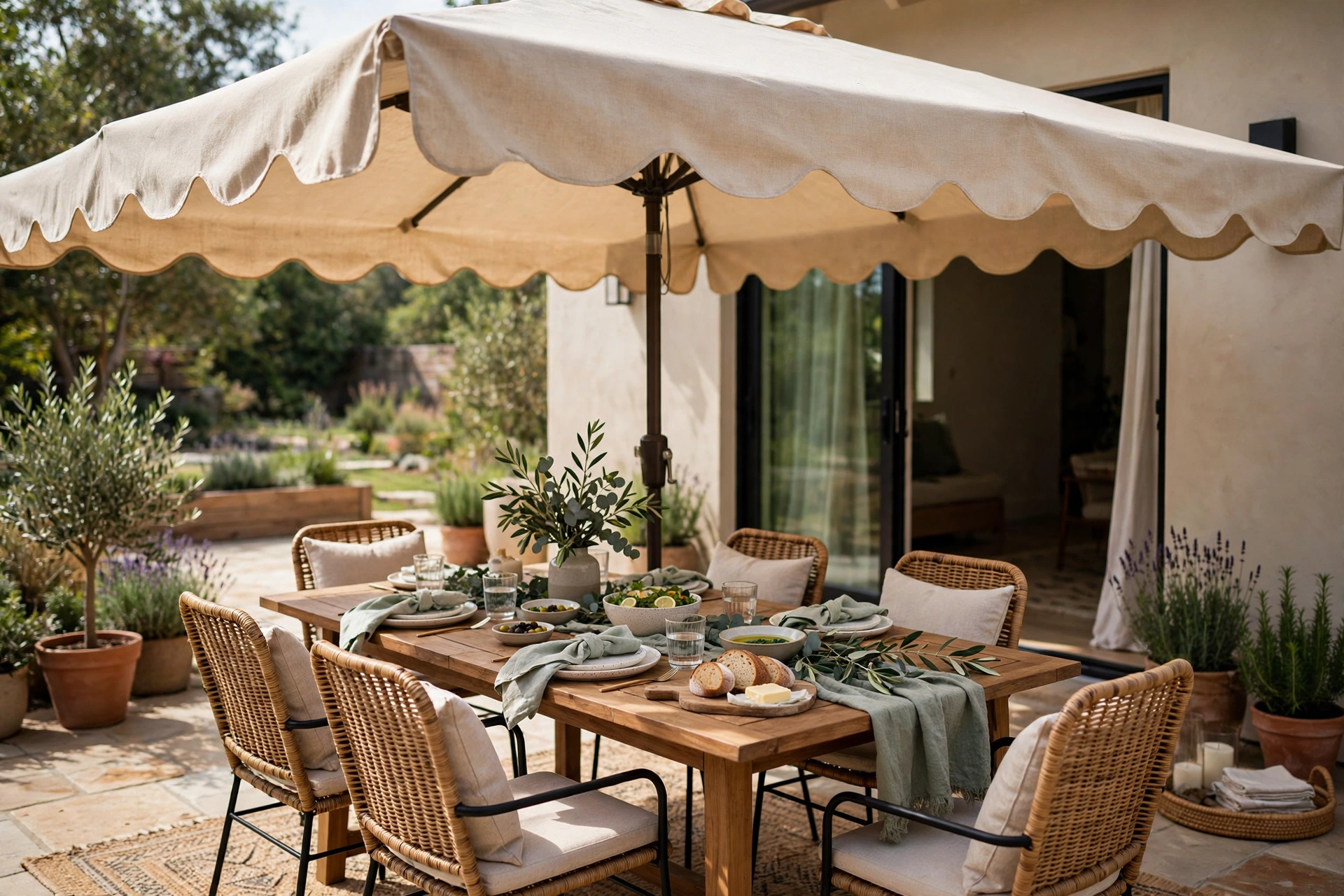 Correctly sized umbrella canopy extending beyond a patio dining set