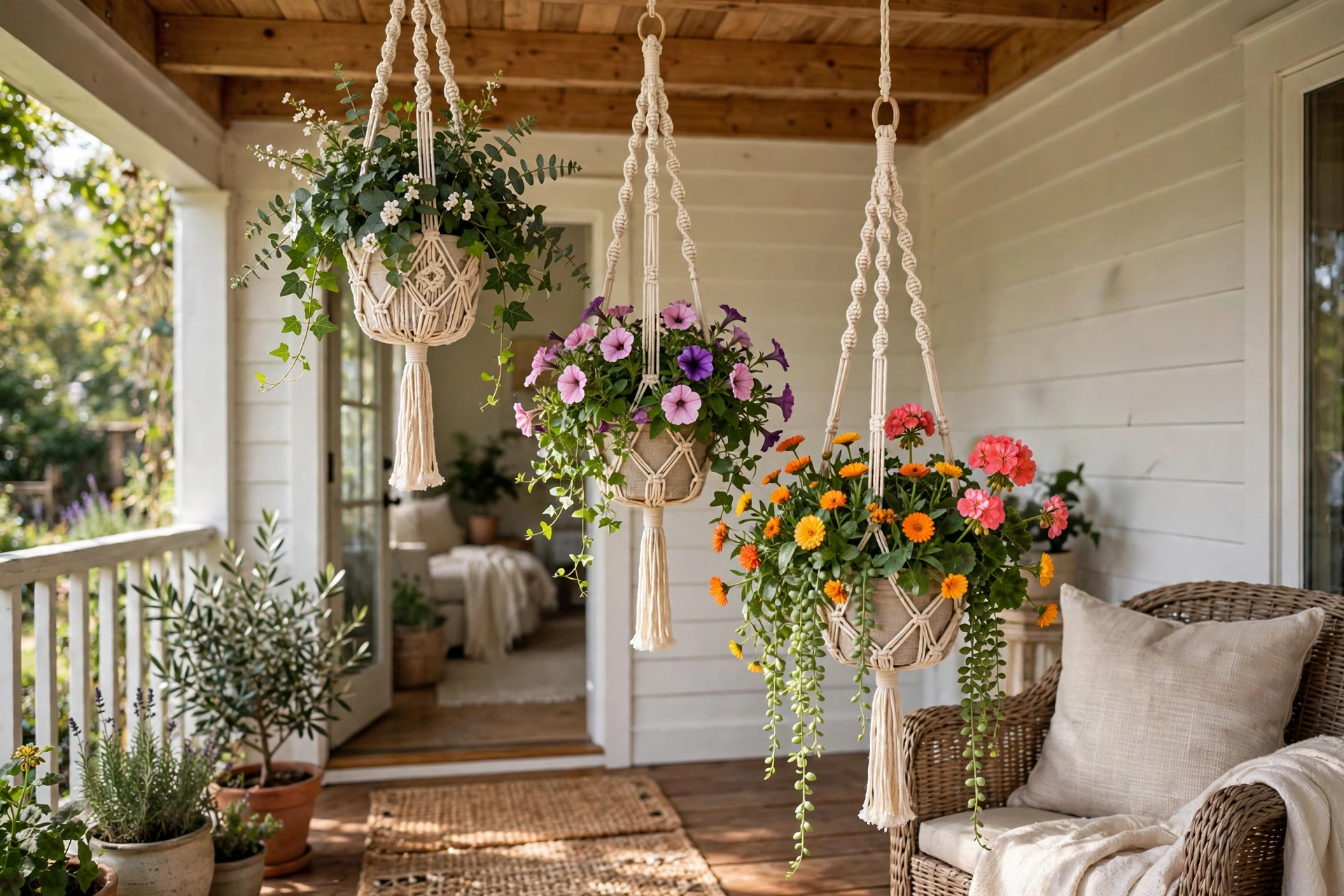 Hanging flower baskets at staggered heights on a porch