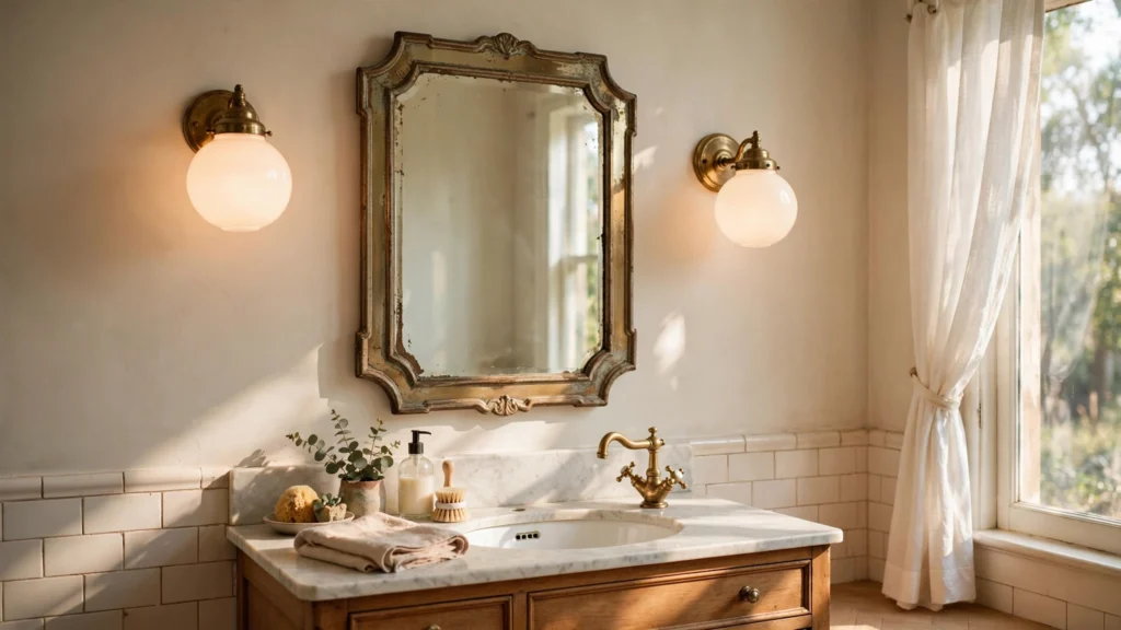 Milk glass globe sconces flanking a vintage bathroom mirror