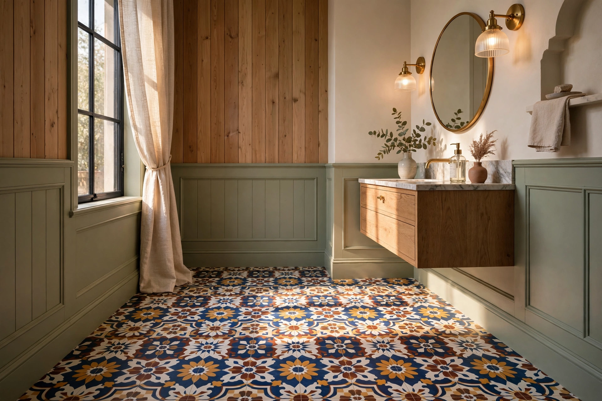 Bold patterned tile floor stealing the show in a powder room