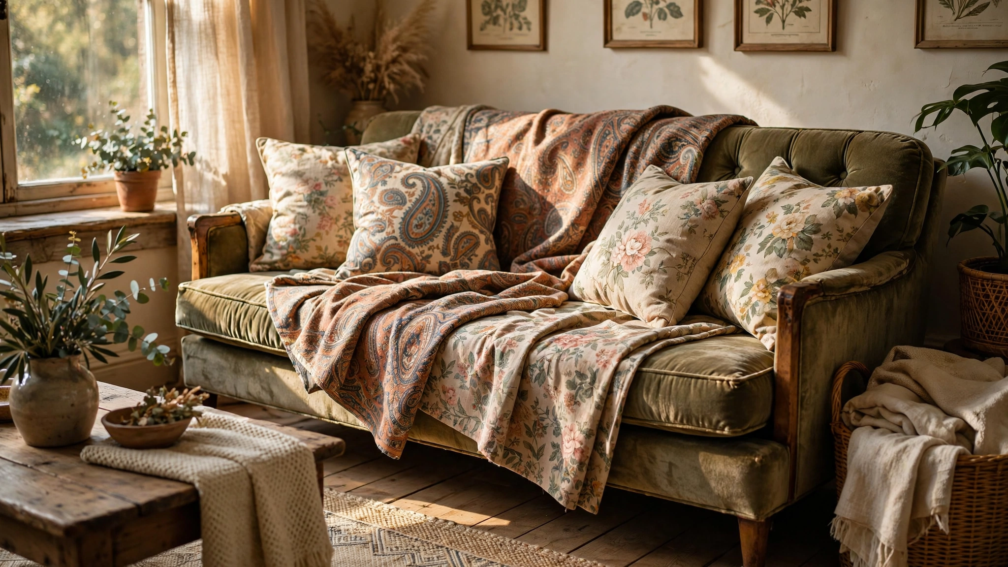 Layered floral and paisley textiles on a vintage living room sofa