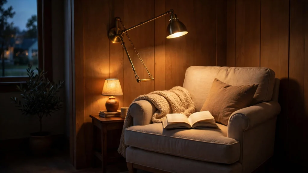 Cozy reading nook with brass swing-arm wall sconce and warm lamplight