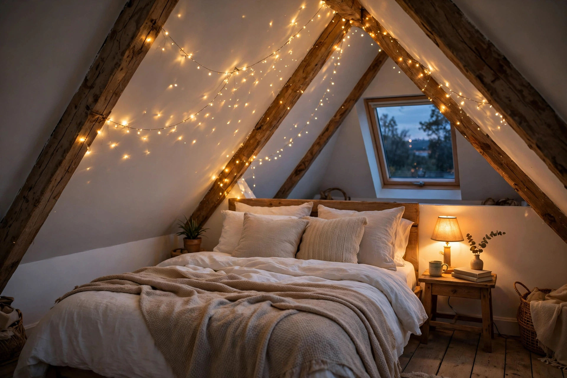 Attic bedroom at dusk with warm fairy lights draped along the sloped ceiling