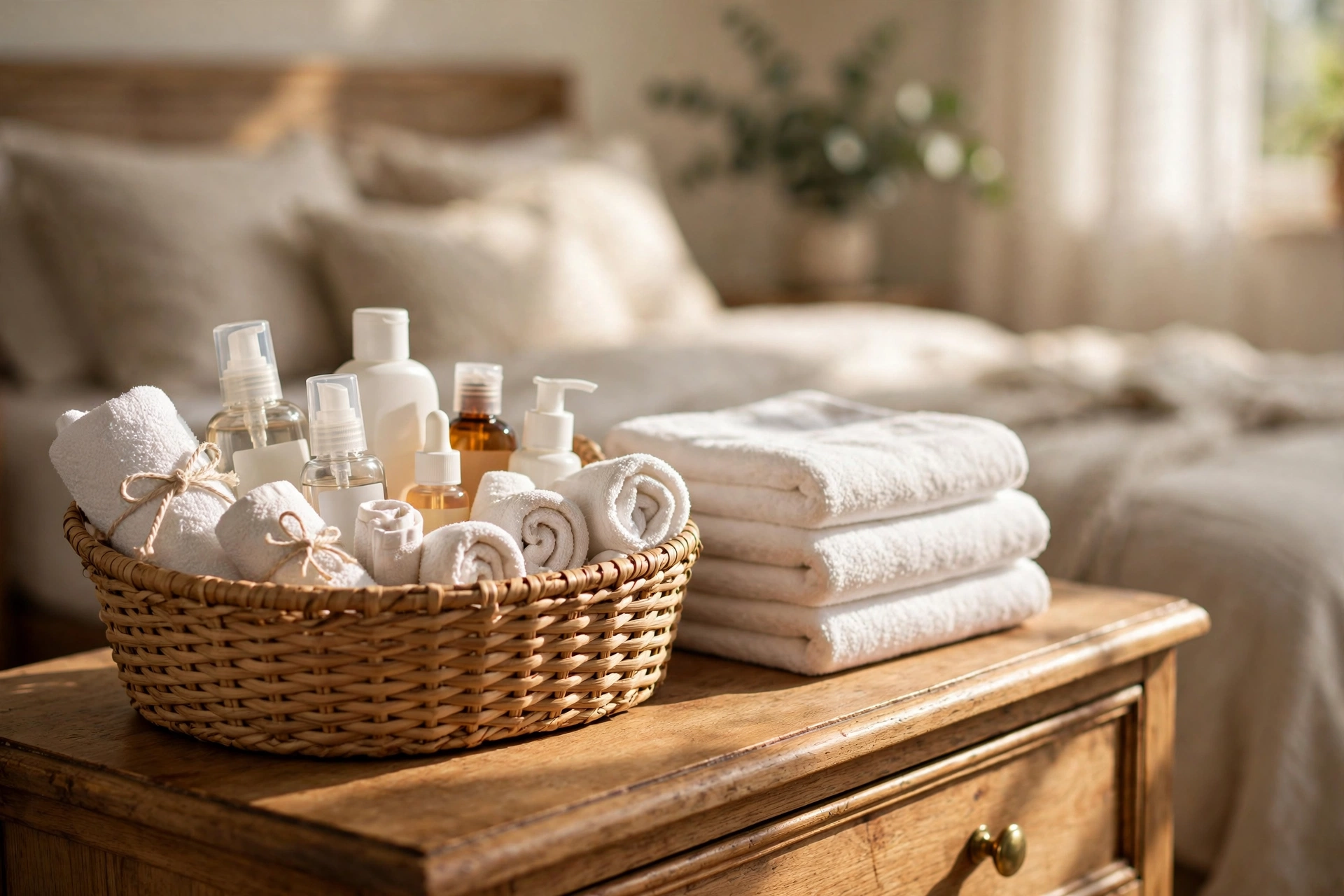 Guest bedroom design ideas with a basket of spare toiletries and folded towels