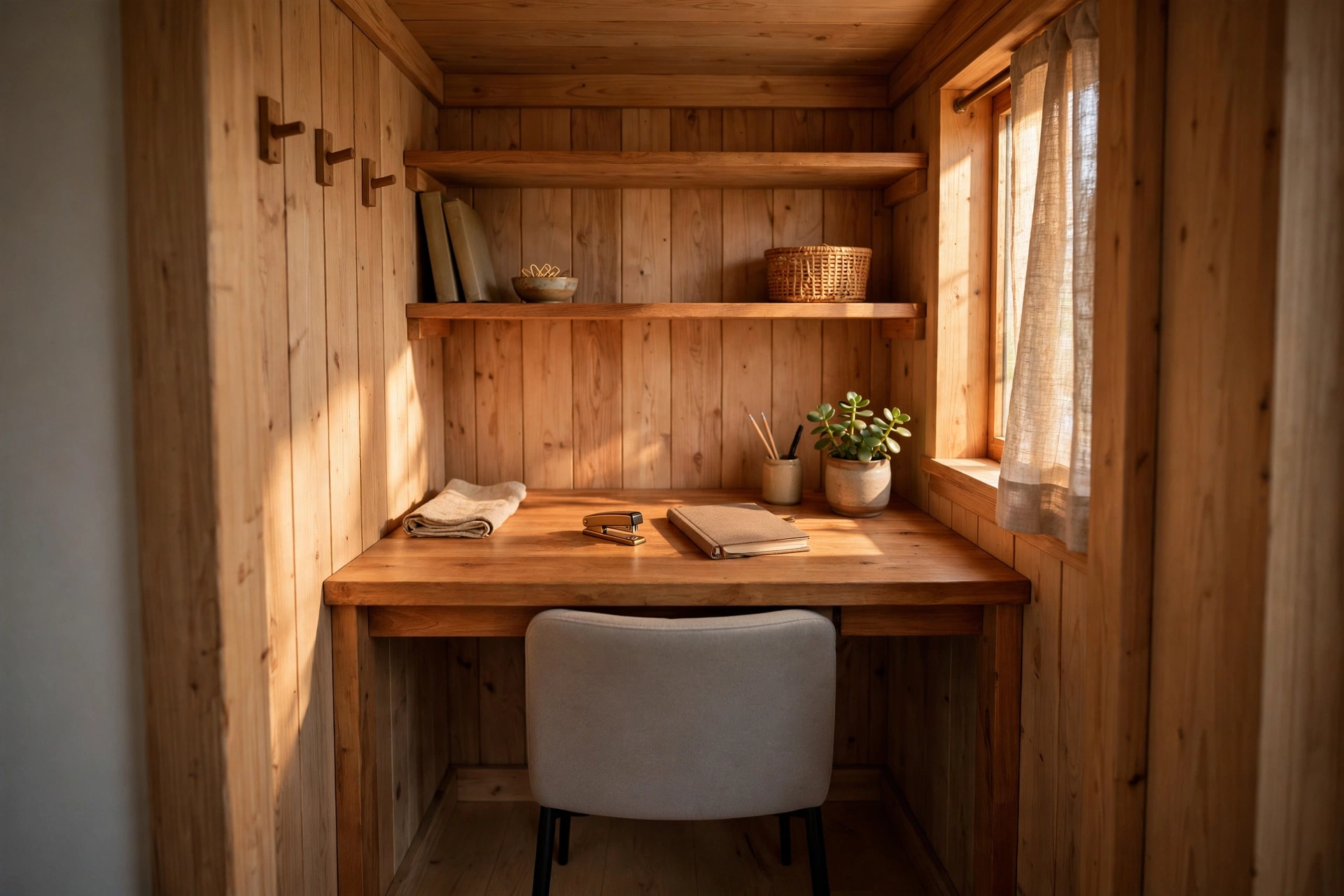Slim armless office chair tucked fully under a desk inside a small closet office