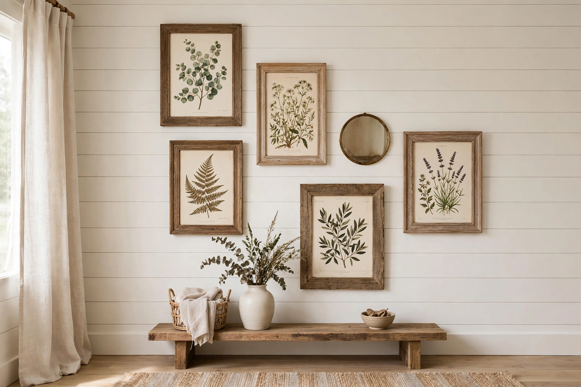 Farmhouse gallery wall with vintage botanical prints in mismatched wood frames