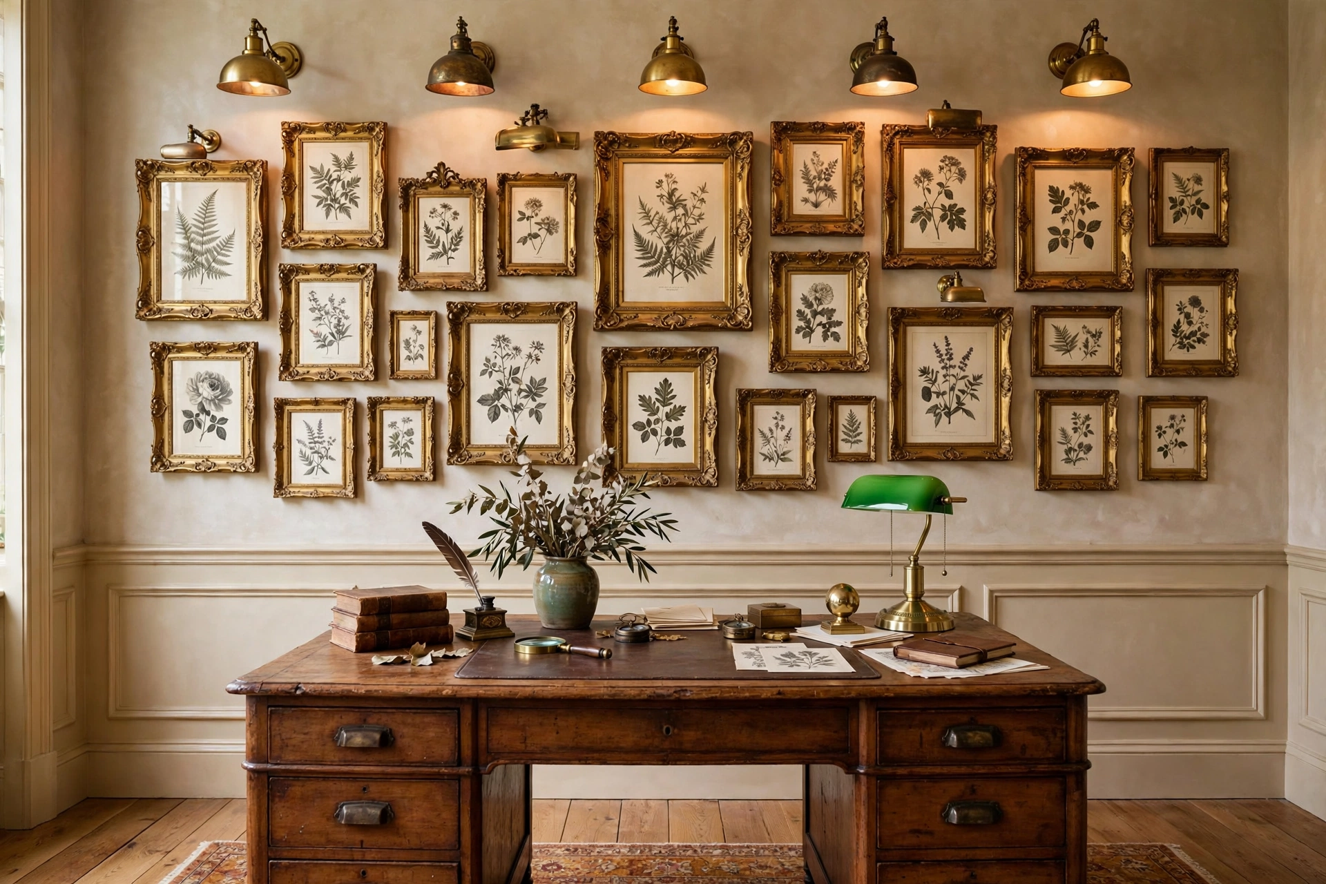 Salon wall of ornate gilt antique frames above a desk in a vintage home office