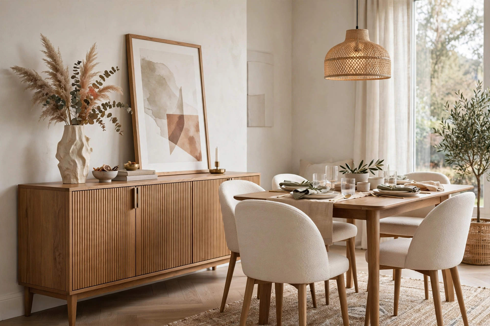Modern dining room with a clean-lined wooden sideboard styled with vases and art