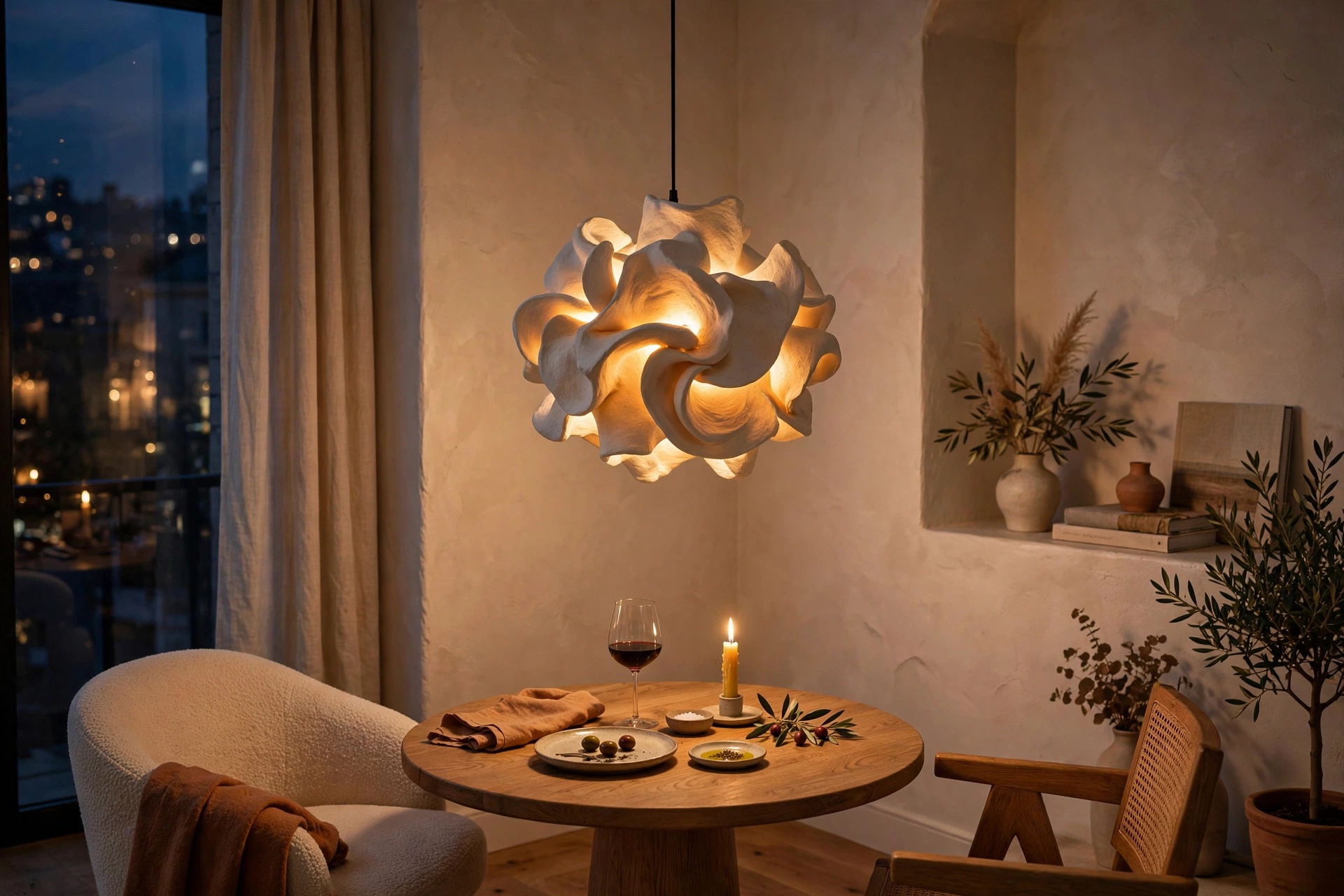 Statement pendant light hanging over a small round dining table