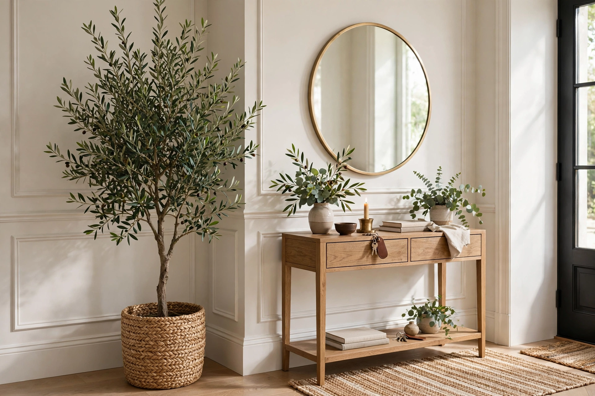 Tall olive tree in a woven basket planter placed in a bright entryway corner