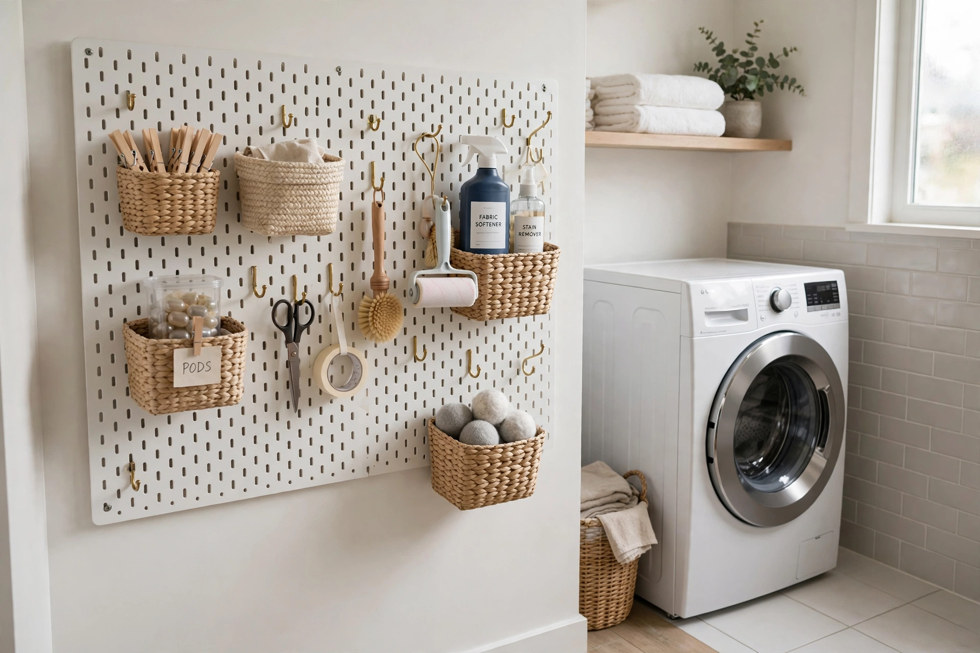 Pegboard storage wall with hooks and baskets holding laundry supplies in a small laundry room