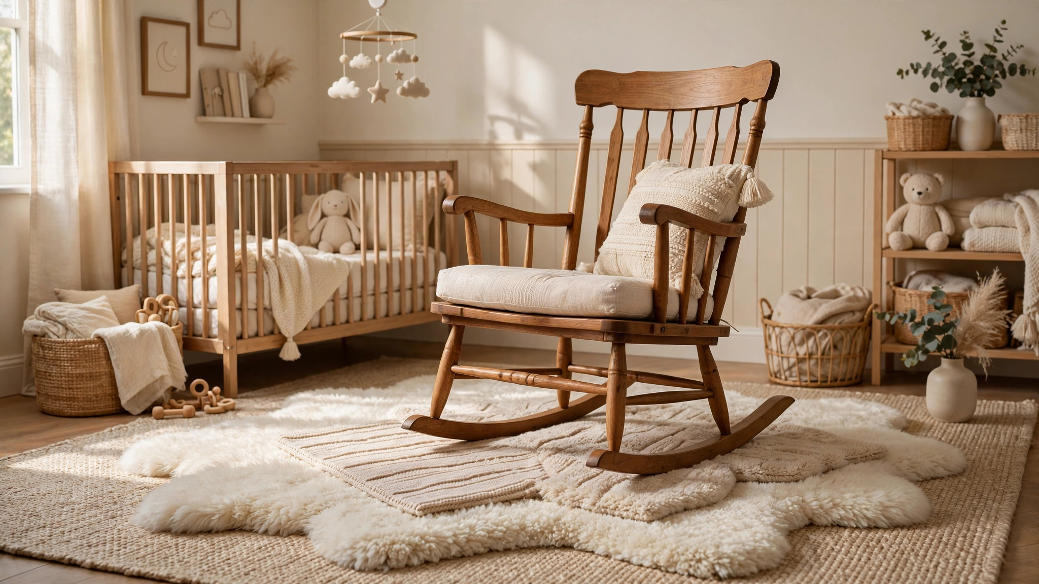 Layered plush rugs on a nursery floor beneath a rocking chair