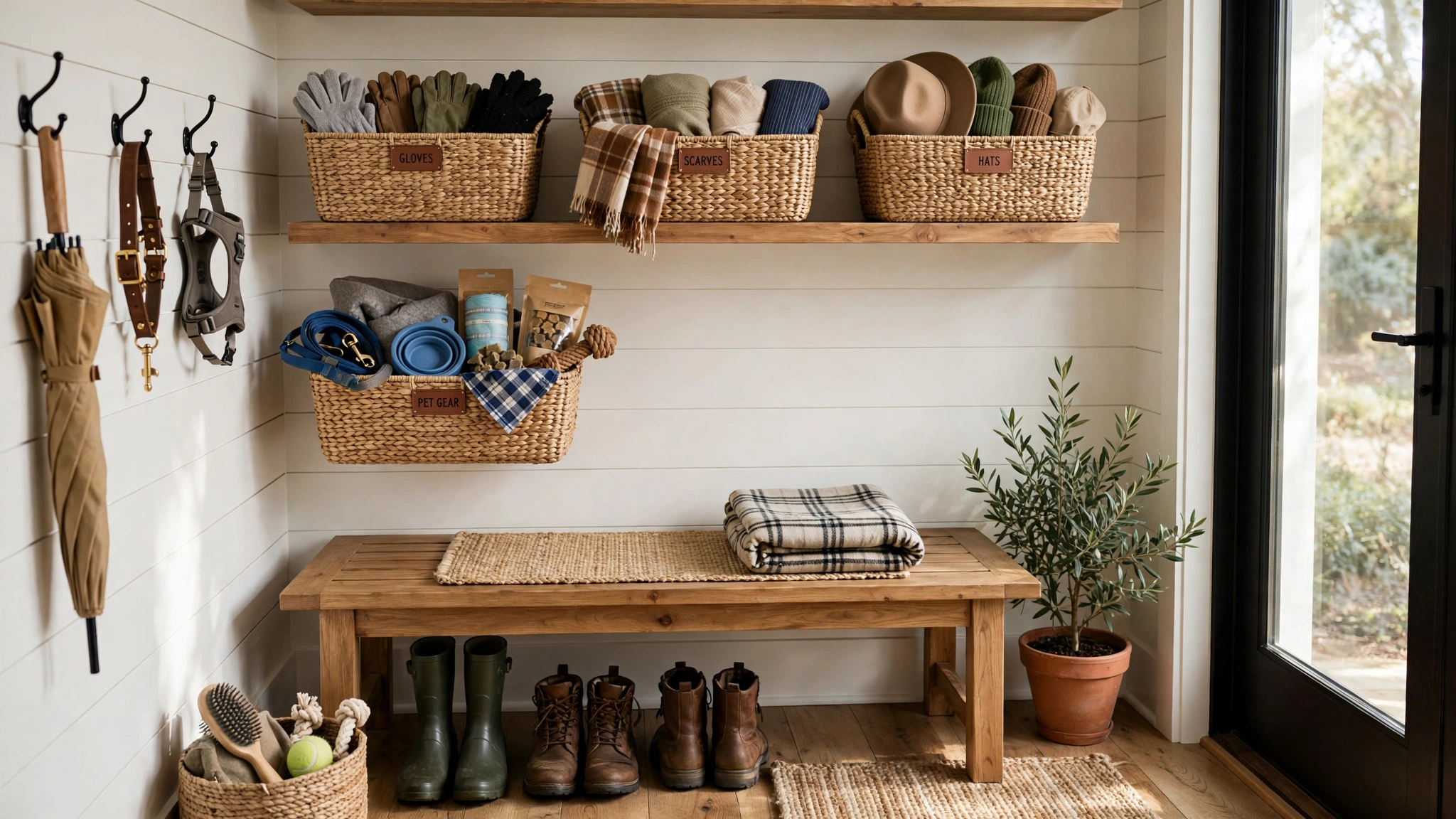 Mudroom design ideas with labeled woven baskets organizing gloves, scarves and gear