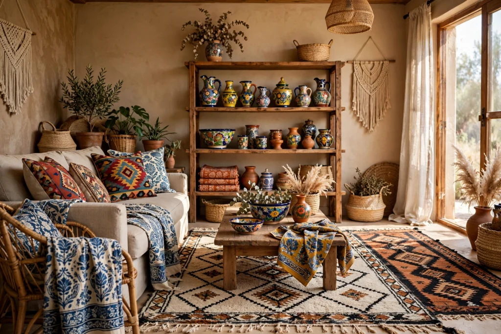 Boho living room design ideas with Moroccan rugs, mudcloth pillows and global textiles