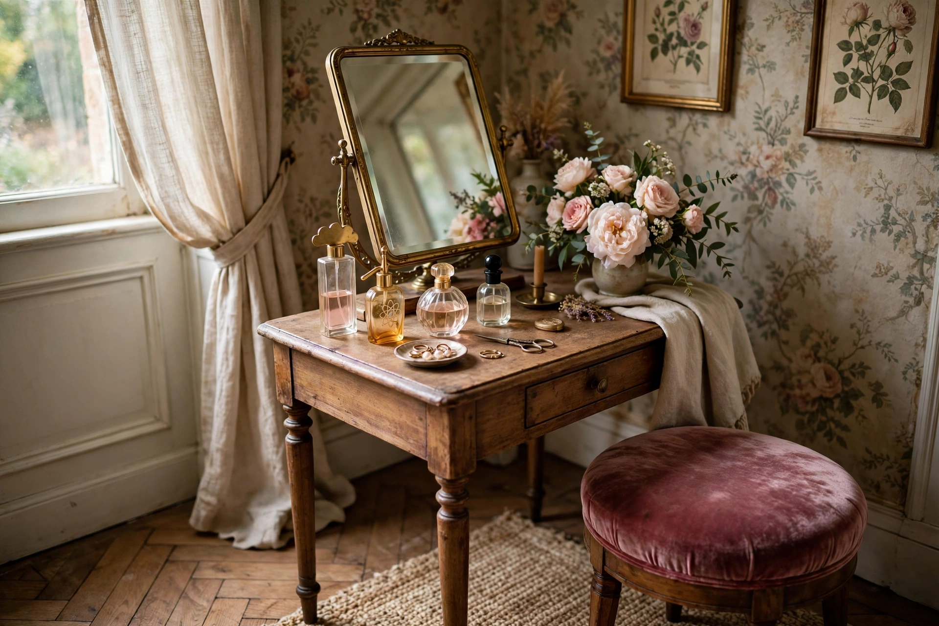 Vintage bedroom design ideas with a romantic vanity corner, mirror and velvet stool