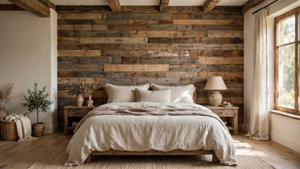 Rustic bedroom design ideas with a reclaimed wood plank accent wall behind the bed