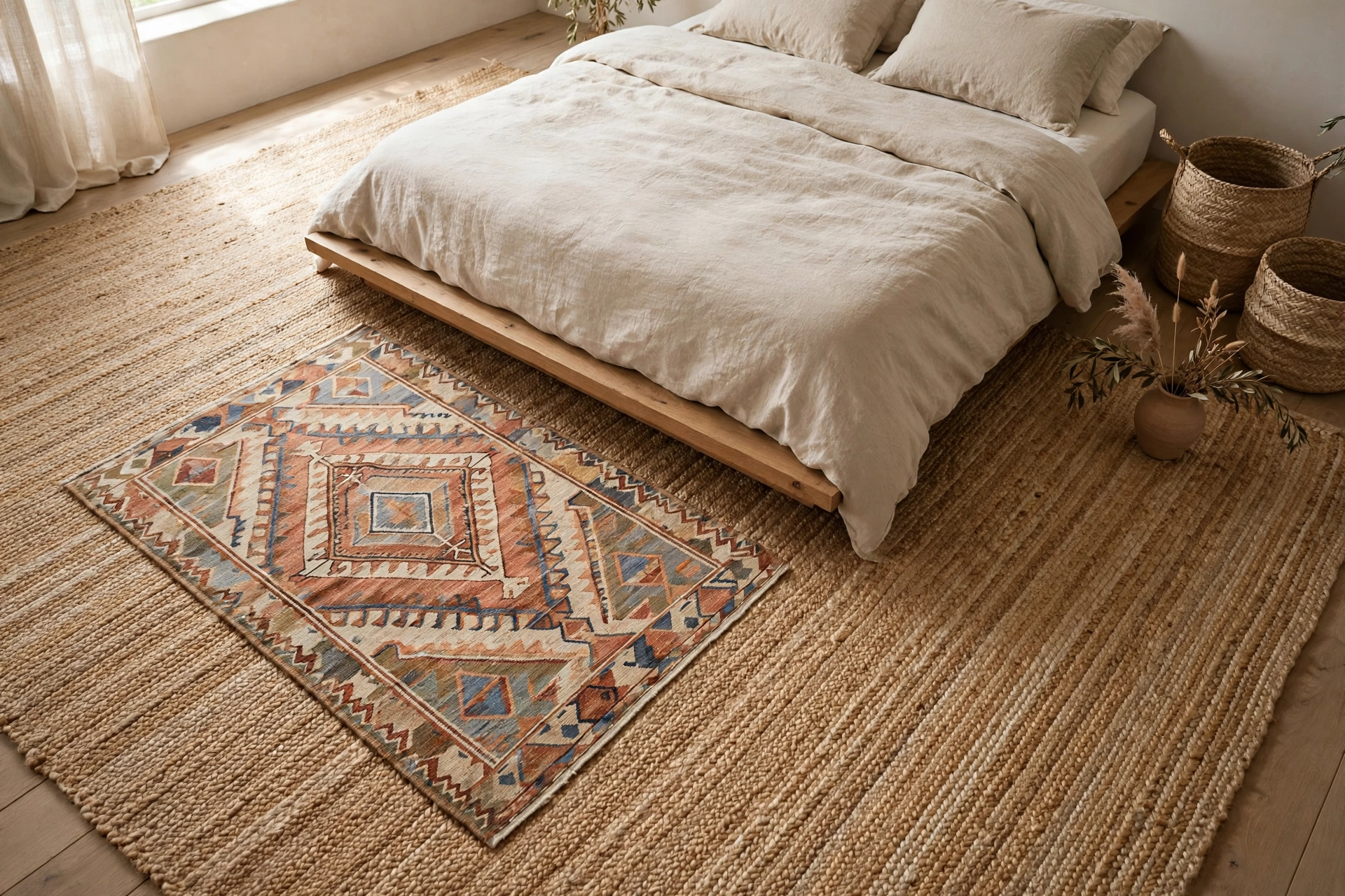 Natural jute rug layered with a kilim rug in a boho bedroom