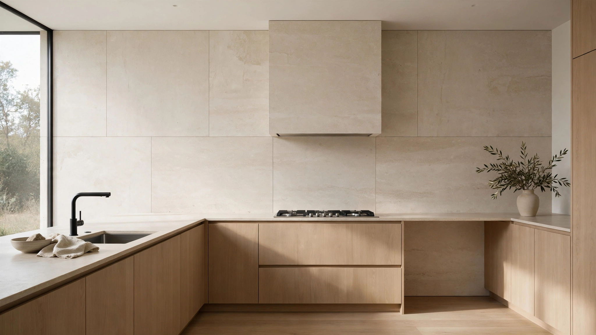 Minimalist kitchen design ideas with a simple slab-stone backsplash and quiet grout lines