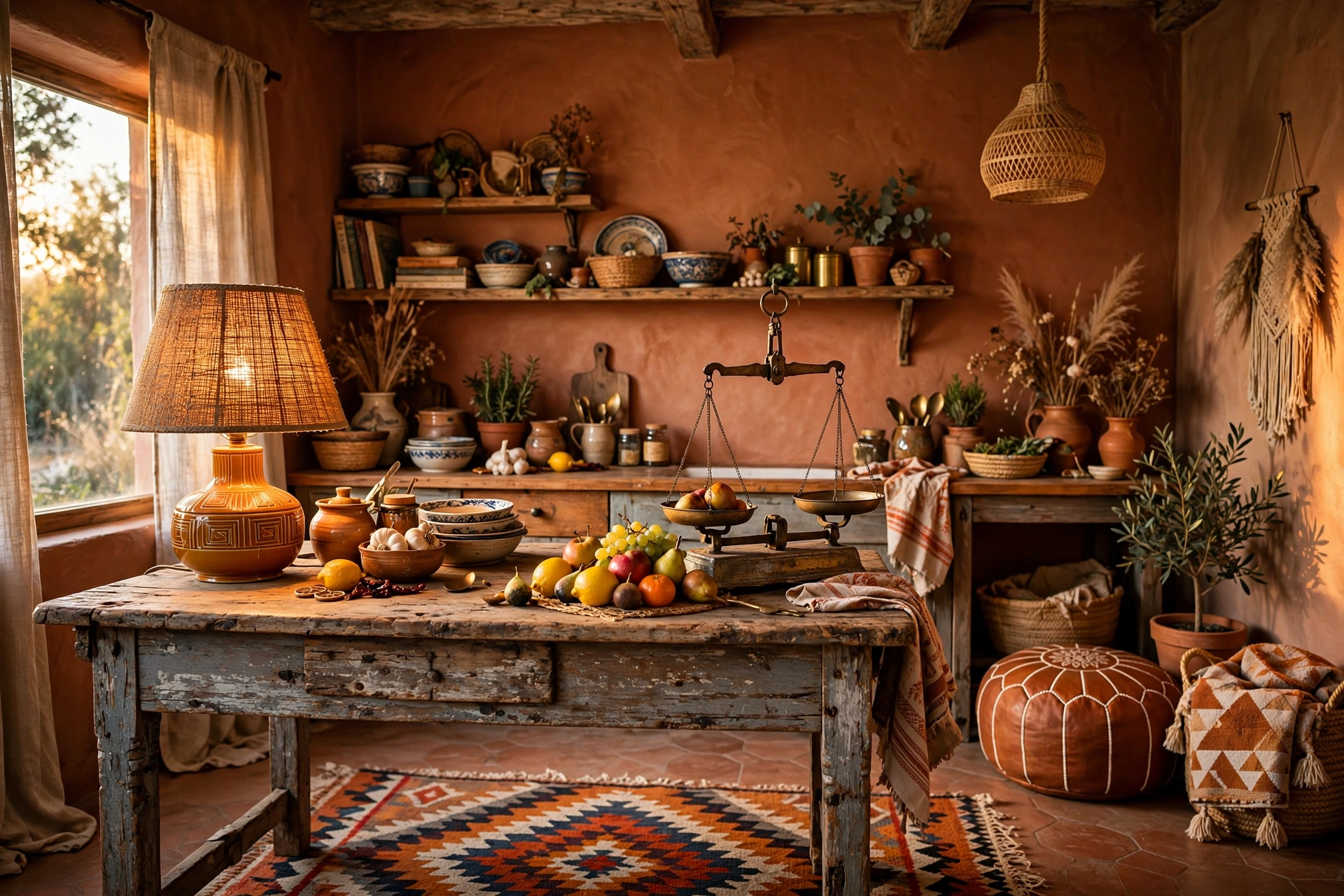 Boho kitchen design ideas with a vintage farmhouse table island, thrifted brass scales and a retro ceramic lamp