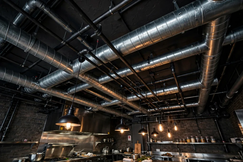 Industrial kitchen design ideas with exposed ductwork and black pipes on a dark ceiling above the kitchen