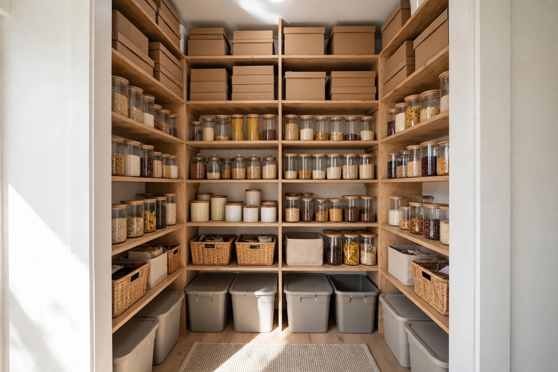 Floor-to-ceiling narrow pantry shelving with backstock stored on high shelves