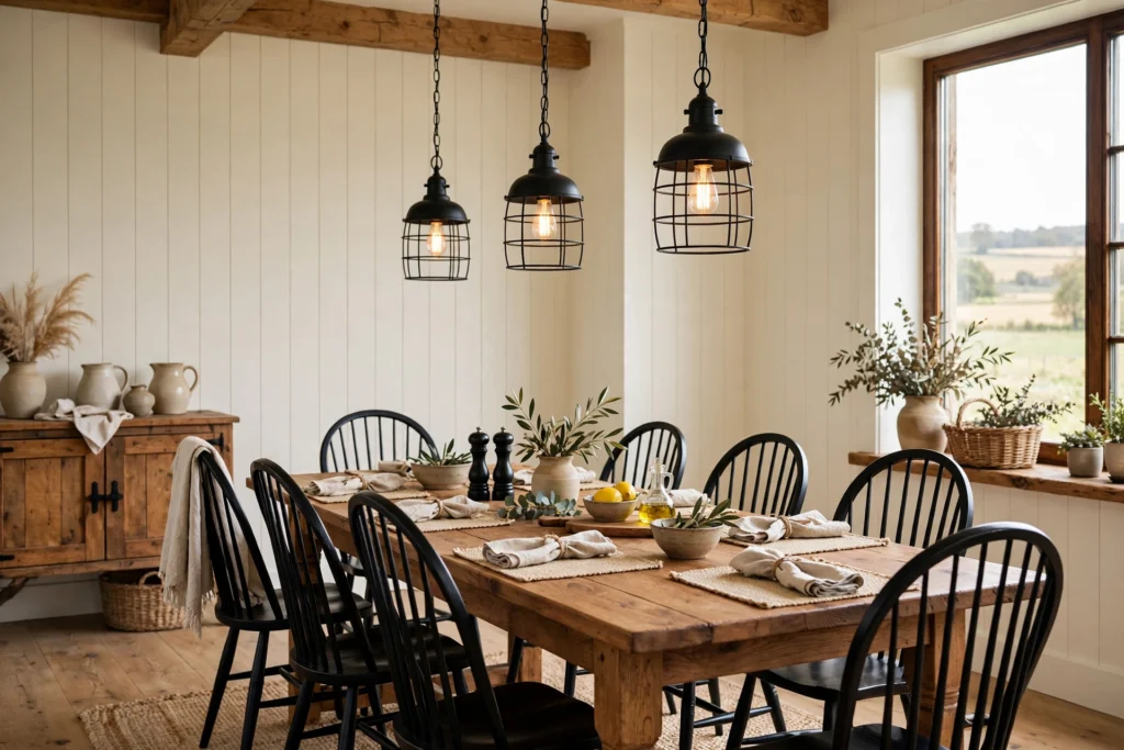 Farmhouse dining room with black Windsor chairs and iron lighting against warm wood