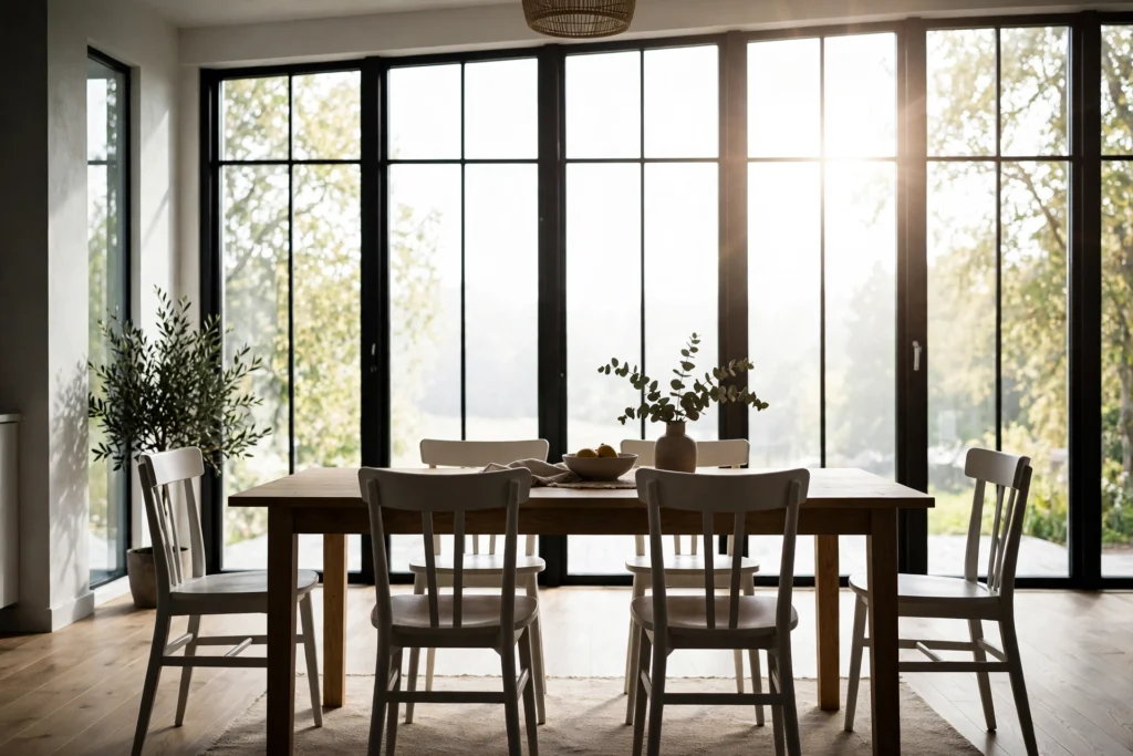 Large windows flooding a Scandinavian dining room with natural daylight