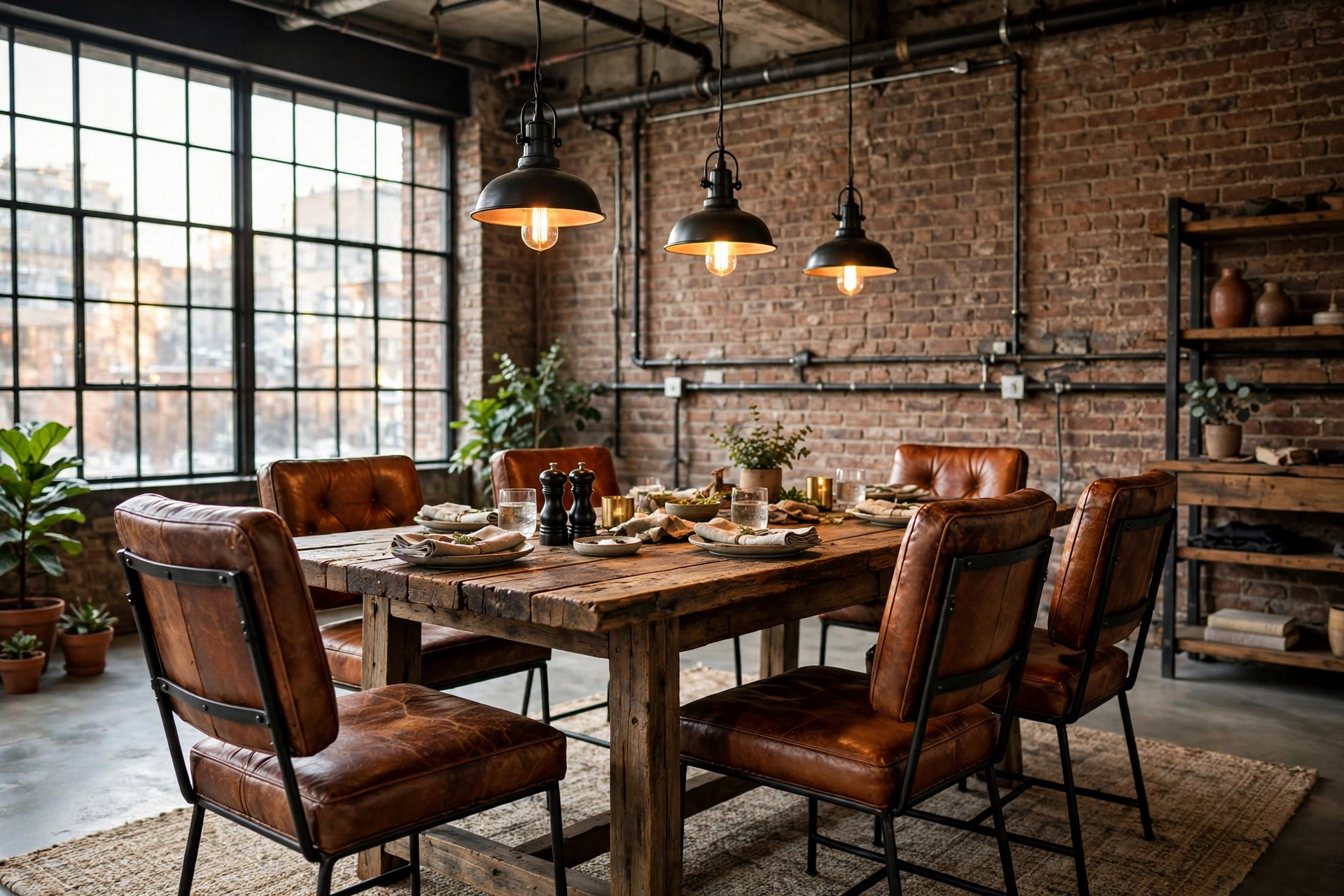 Cognac leather dining chairs adding warmth to an industrial dining room