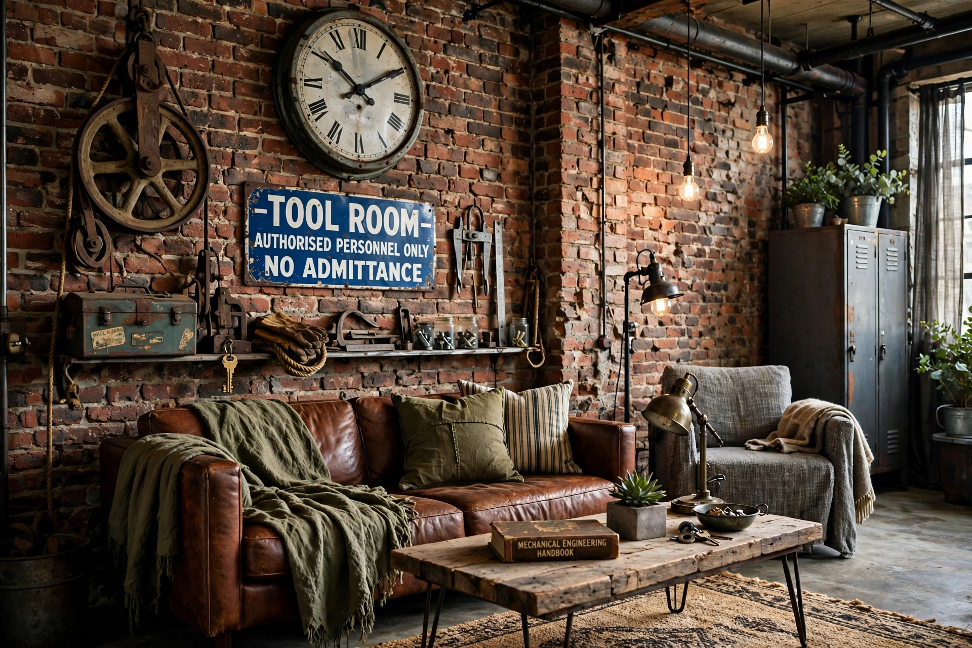 Vintage factory clock and enamel signage on a brick wall in an industrial living room