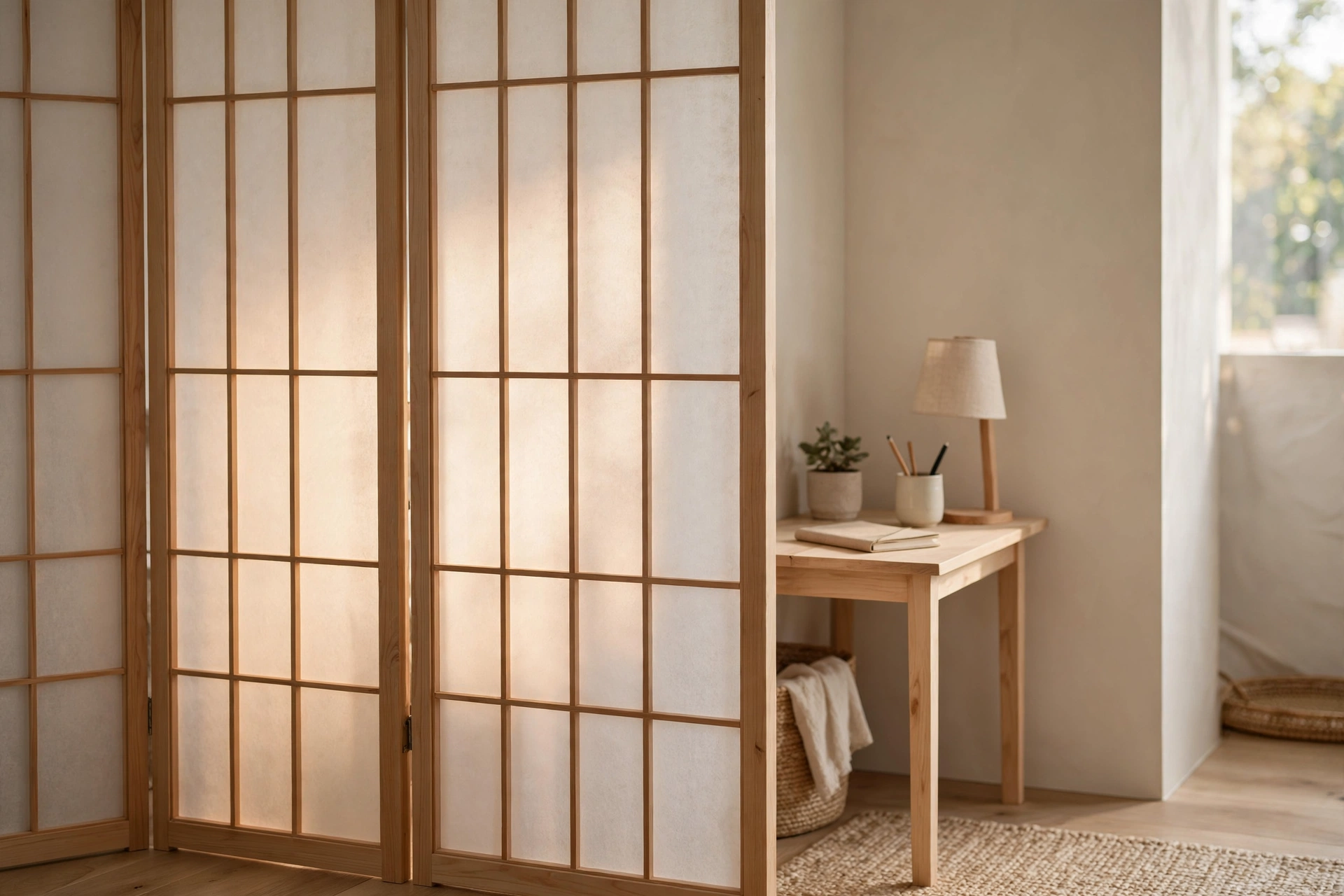 Wooden shoji-style screen divider zoning a calm Japandi home office corner