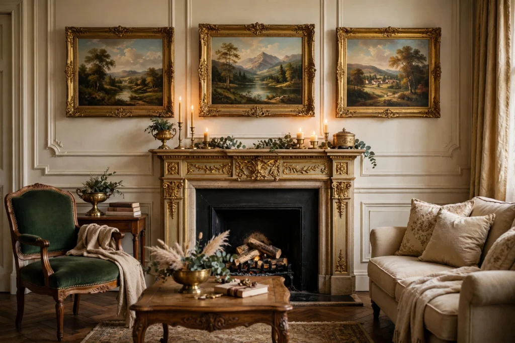 Traditional living room design ideas with classic art in ornate gold frames above the mantel