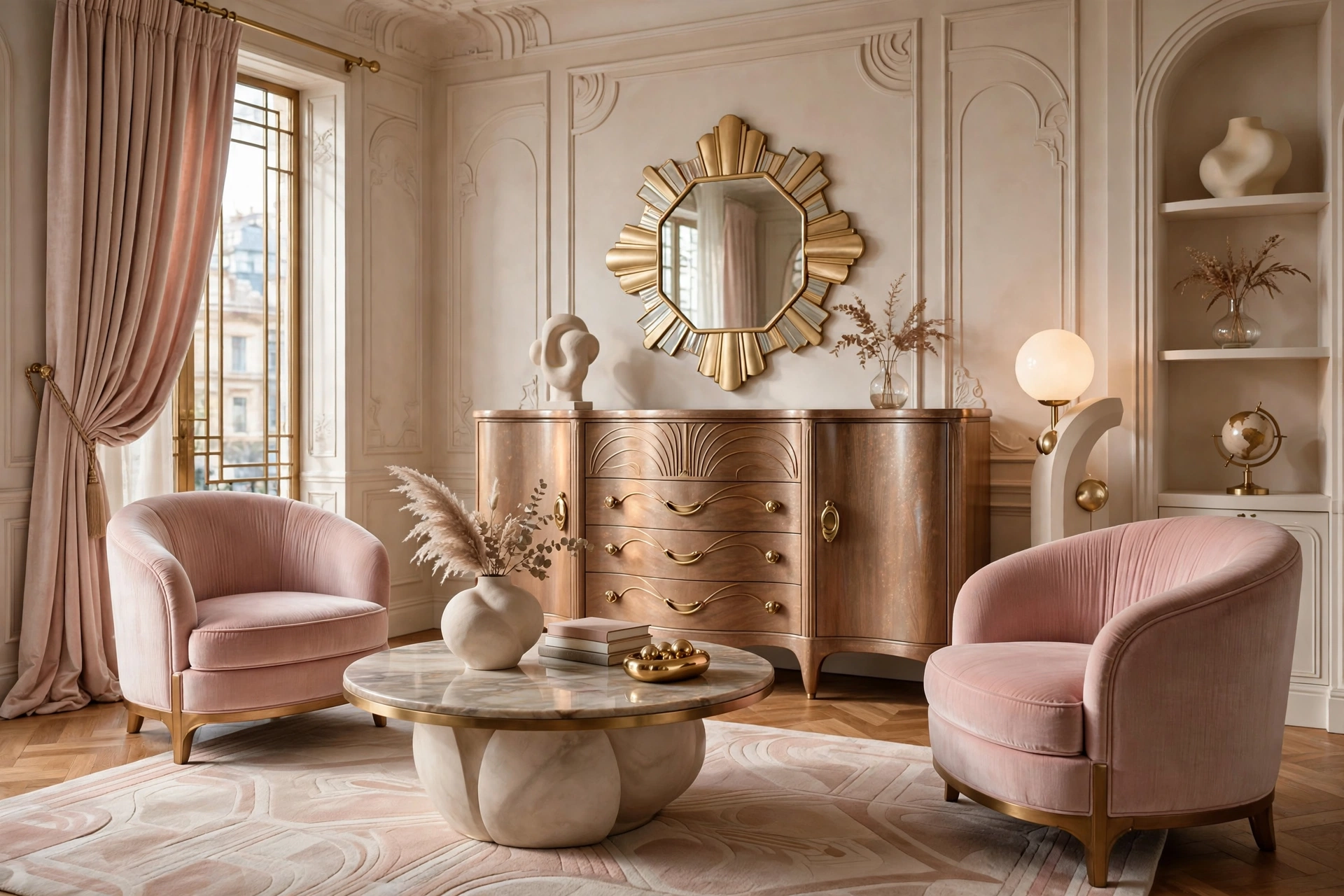 Art deco living room design ideas with curved barrel-back chairs and sculptural silhouettes