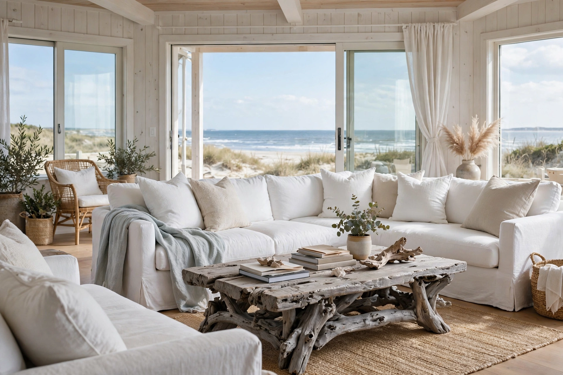 Coastal living room design ideas with a driftwood coffee table as the organic centerpiece