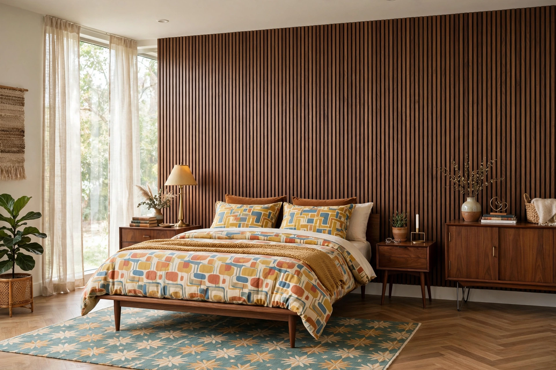 Walnut wood slat accent wall behind the bed in a mid-century modern bedroom