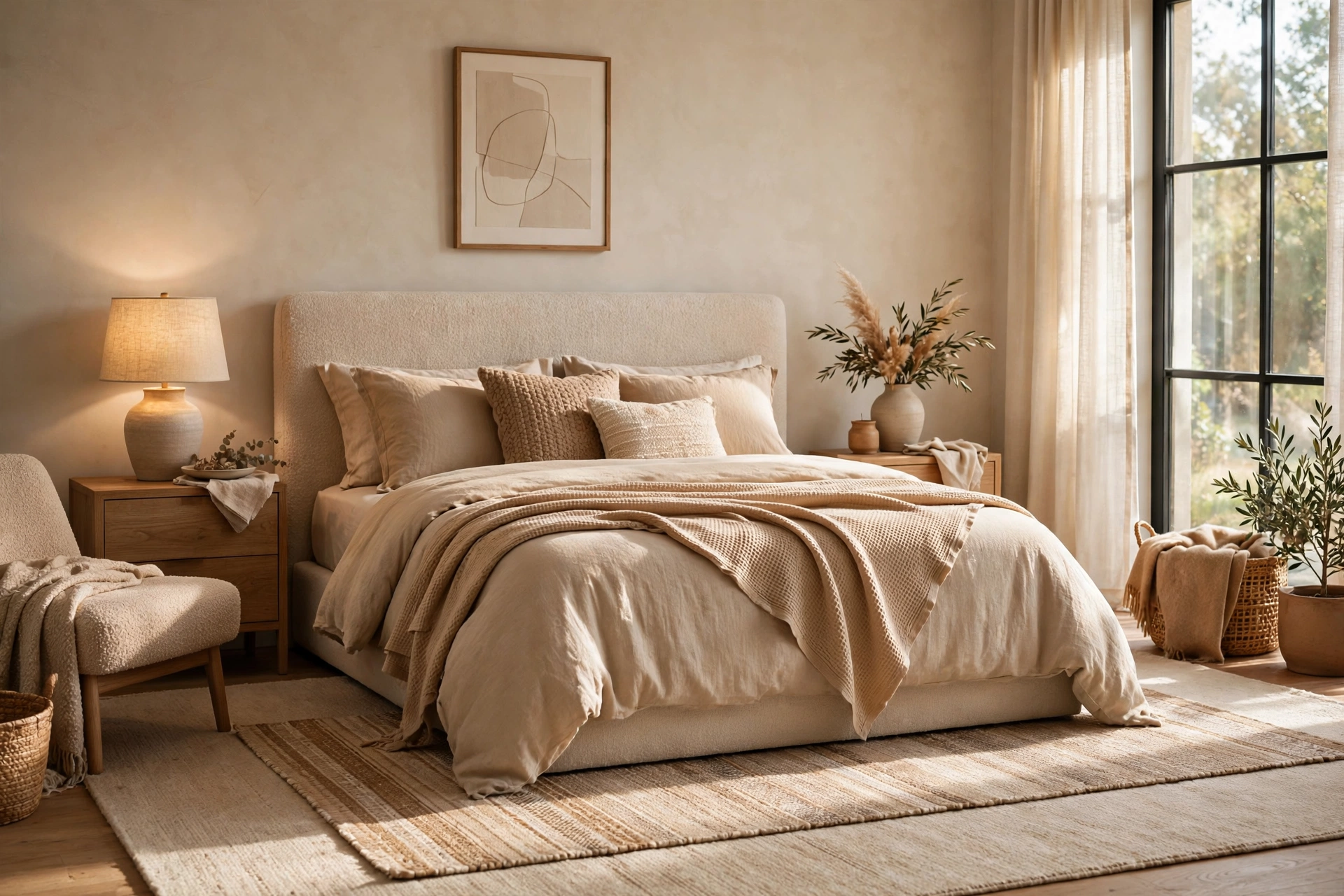 Large low-pile wool area rug grounding the bed in a warm contemporary bedroom