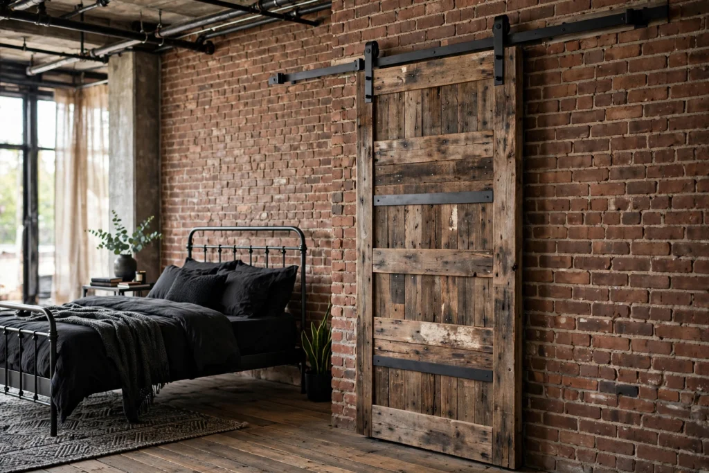 Sliding barn door on black iron hardware in an industrial style bedroom