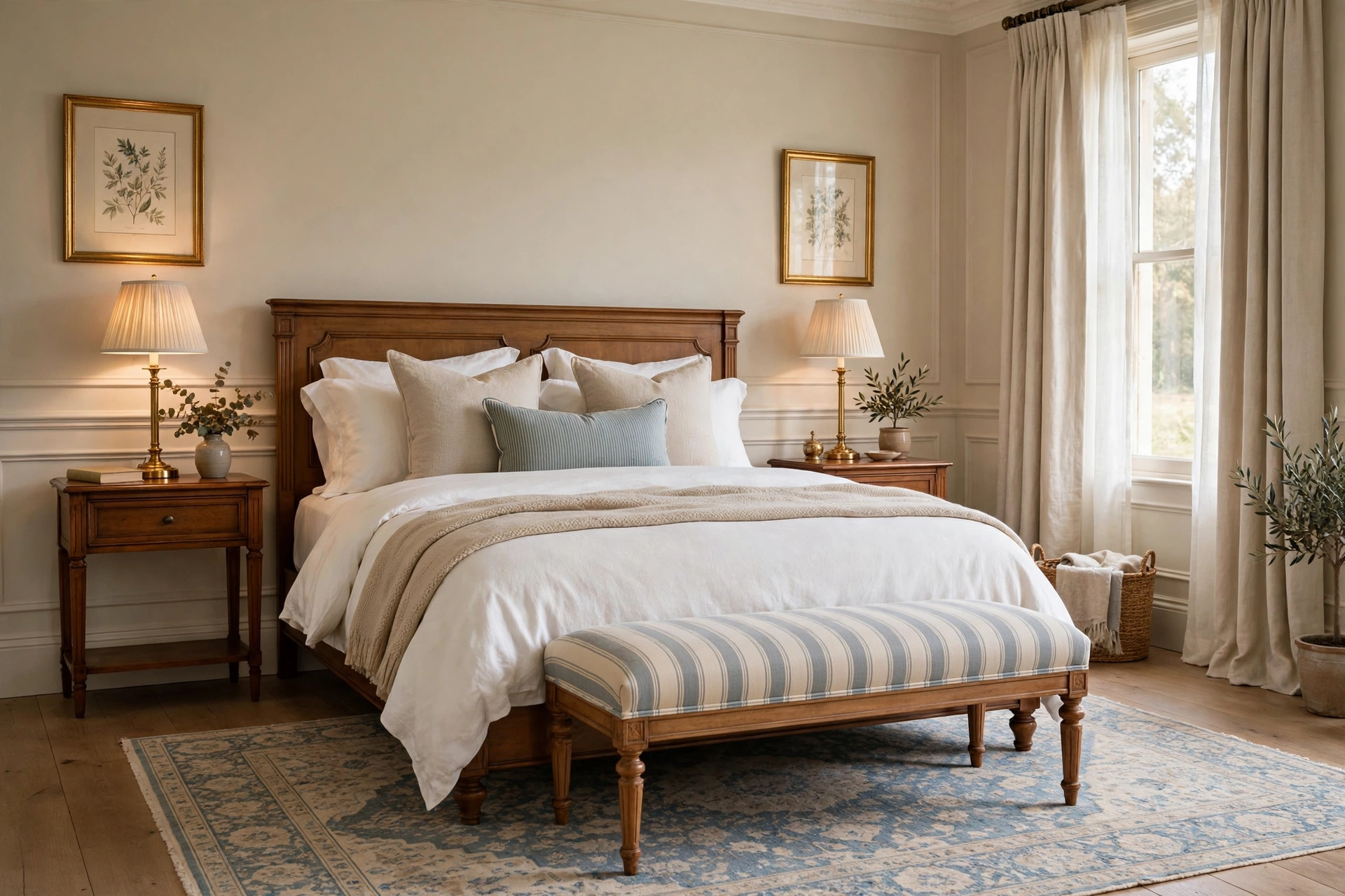 Traditional bedroom design ideas with an upholstered bench at the foot of the bed