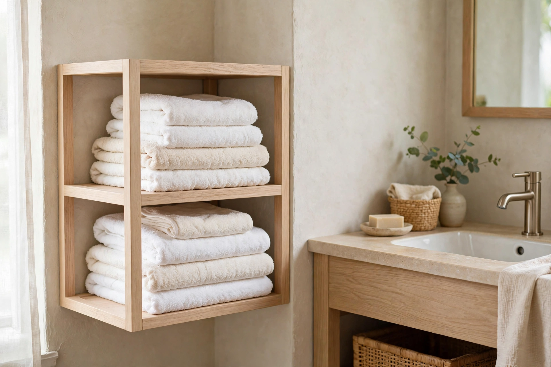 Scandinavian bathroom design ideas with plush white towels and waffle-weave textiles