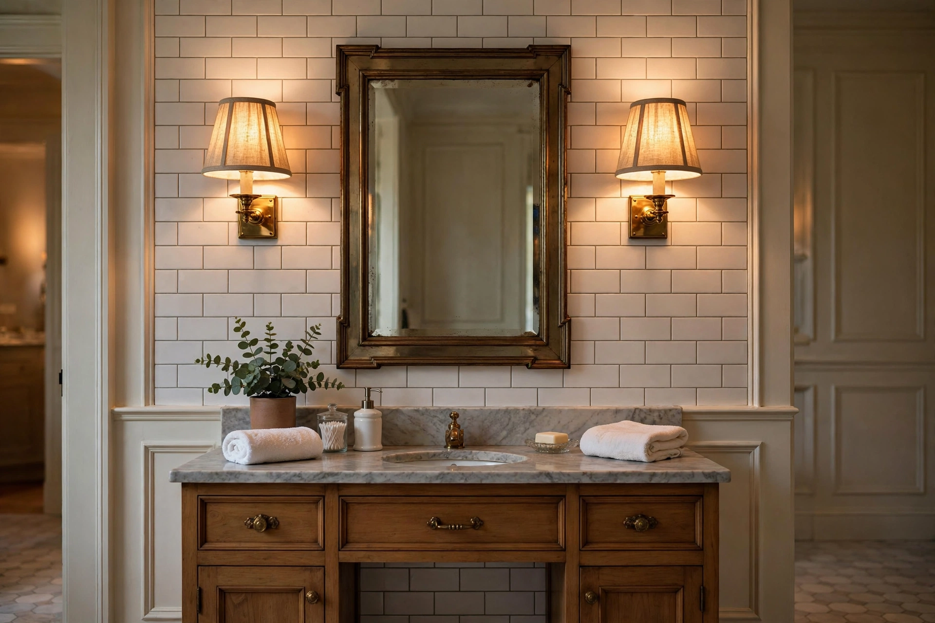 Traditional bathroom with fabric-shade sconces flanking the mirror in warm light