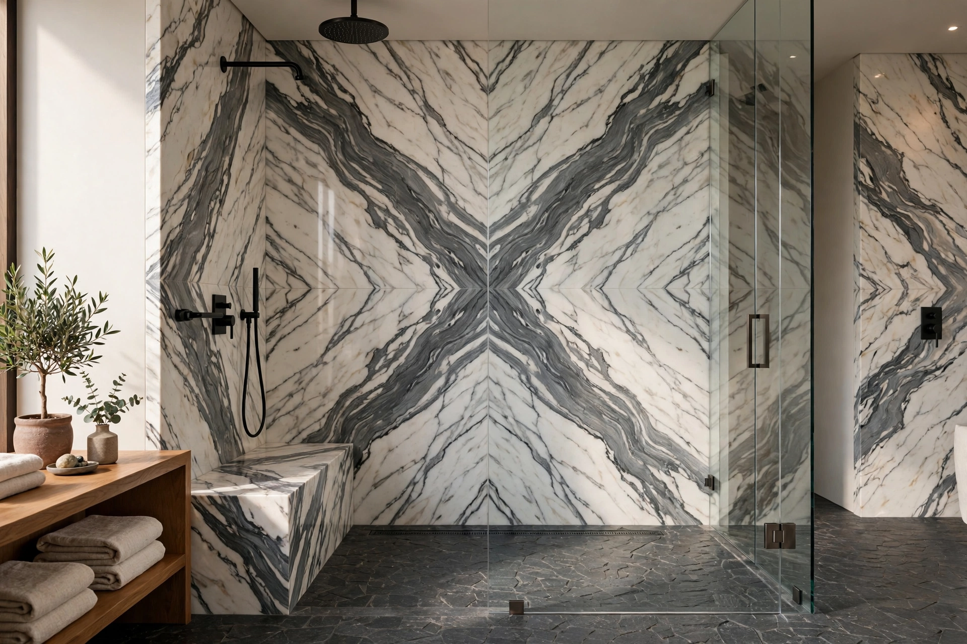 Walk-in shower with book-matched natural marble slab walls and dramatic veining