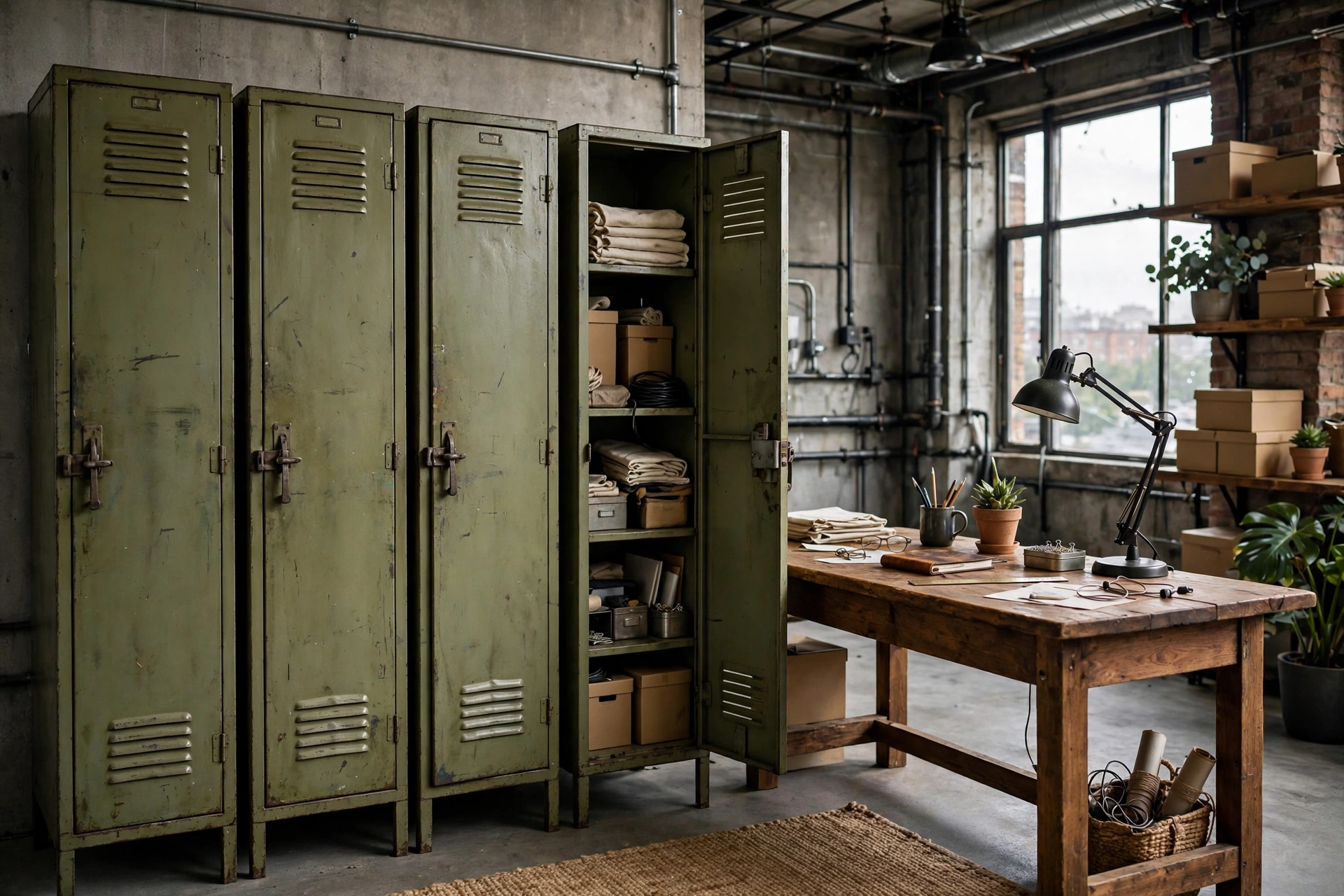 Vintage green metal lockers used for storage in an industrial home office