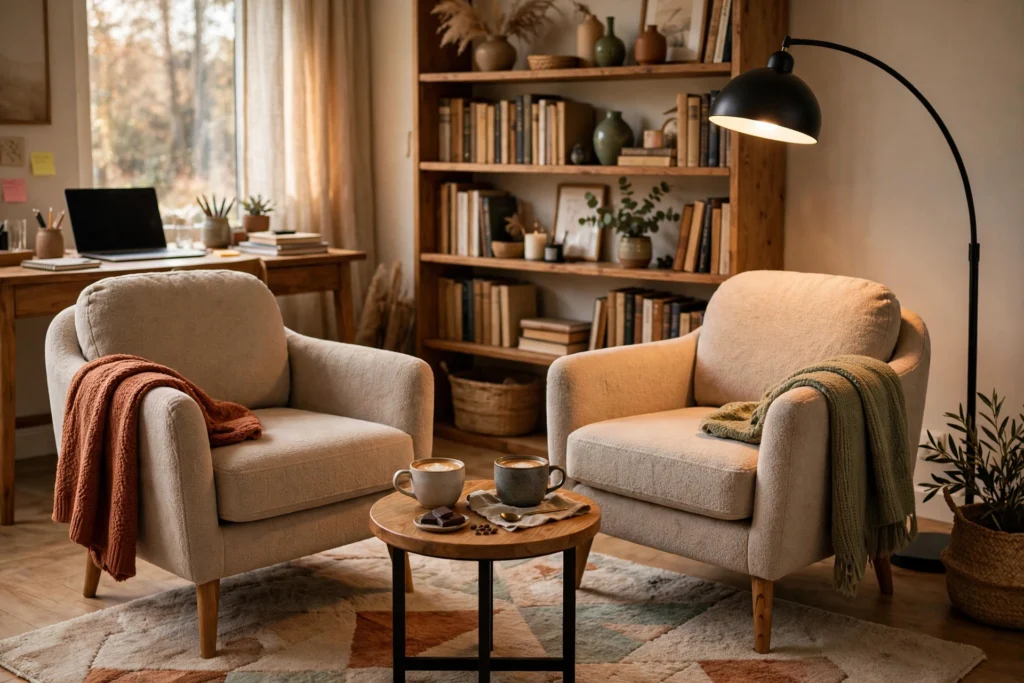 Cozy meeting corner with two armchairs and side table in a home office