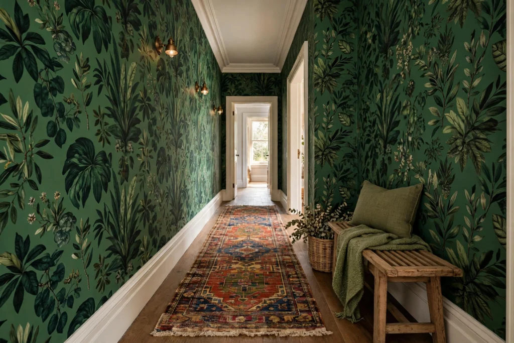 Hallway walls covered in bold botanical wallpaper with a vintage runner
