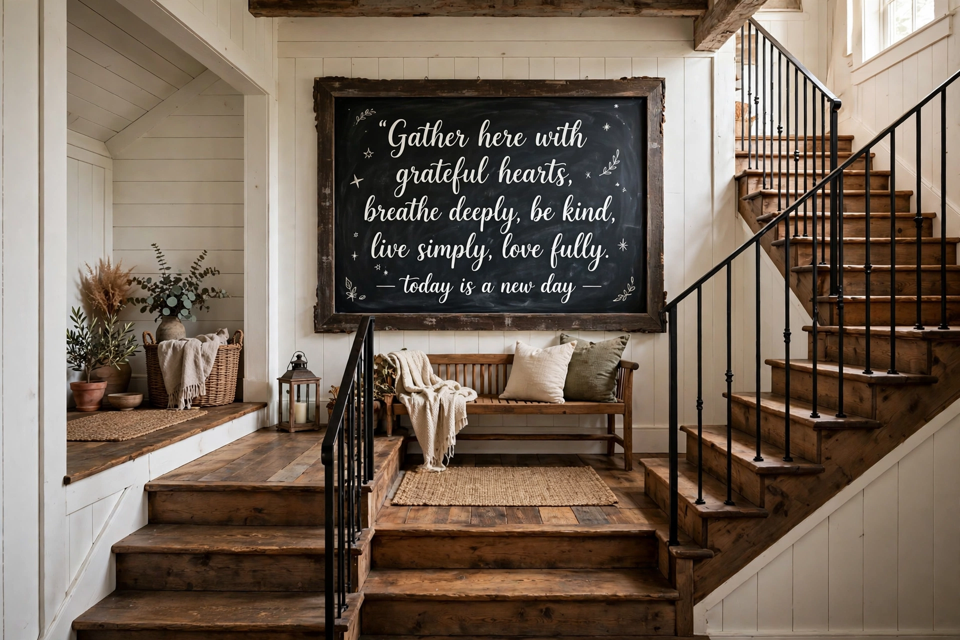 Framed chalkboard wall with handwritten inspirational quote decorated on a staircase landing