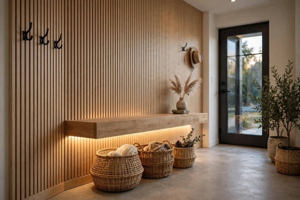 Entryway lighting ideas with hidden LED strip lighting glowing under a floating bench