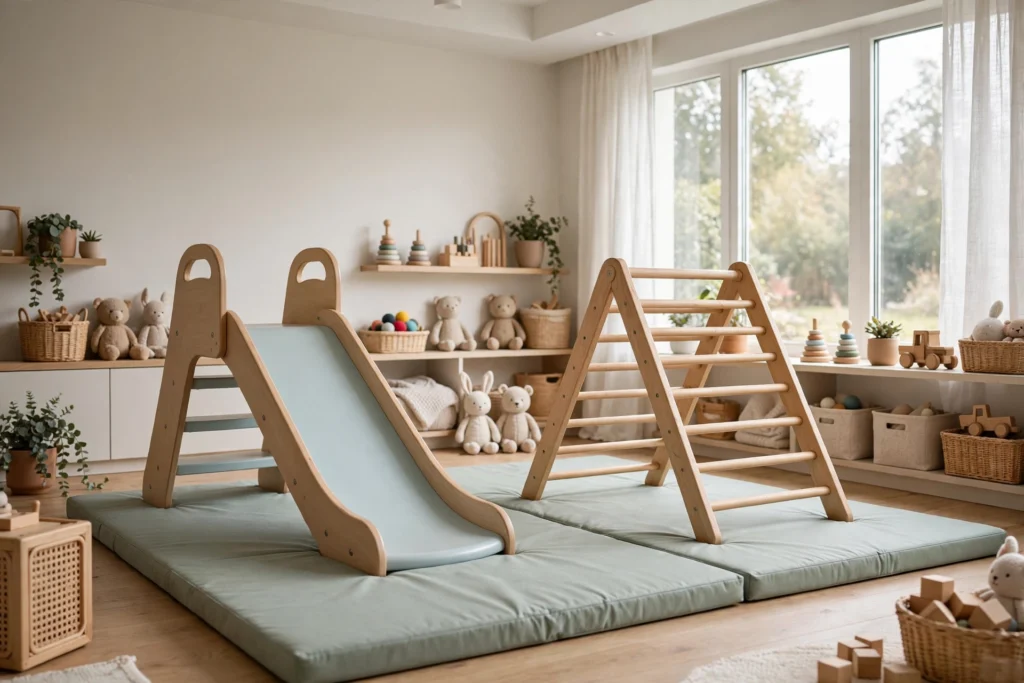 Playroom design ideas with a small indoor slide and climbing triangle on a safety mat