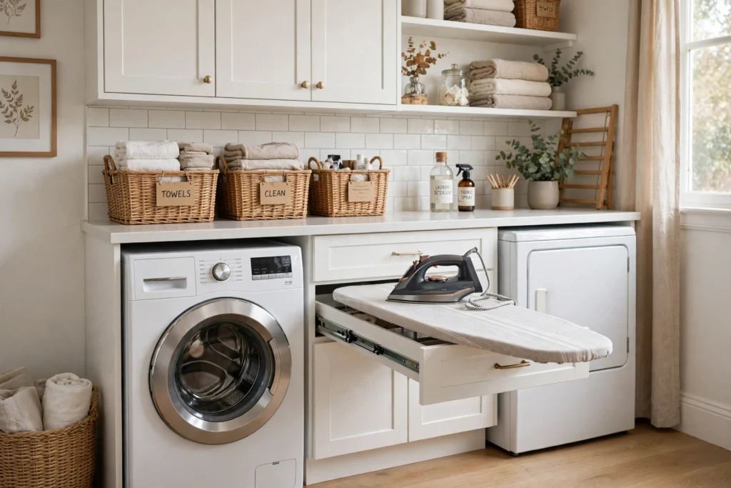 Pull-out ironing board extended from a laundry room drawer with an iron resting on it