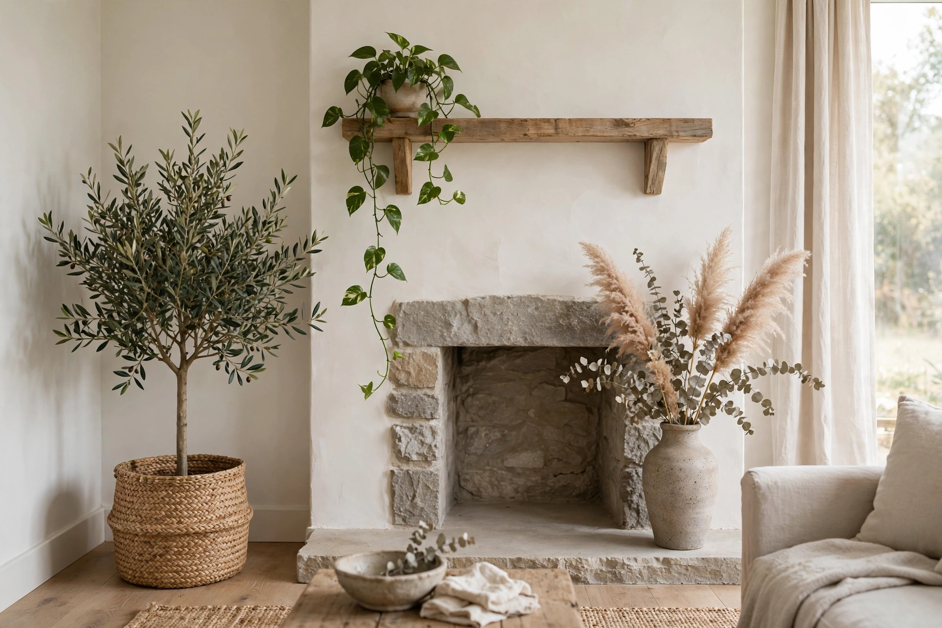 Olive tree in seagrass basket and dried pampas grass vase in rustic living room